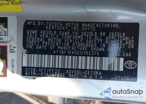 2012 Toyota Camry Se z USA, uszkodzony, nr VIN 4T1BF1FK5CU102375